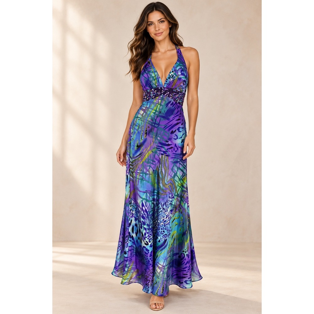 Morgan & Co Maxi Dress Junior 7 Y2K Purple Animal Print Sequin Halter Gown Party